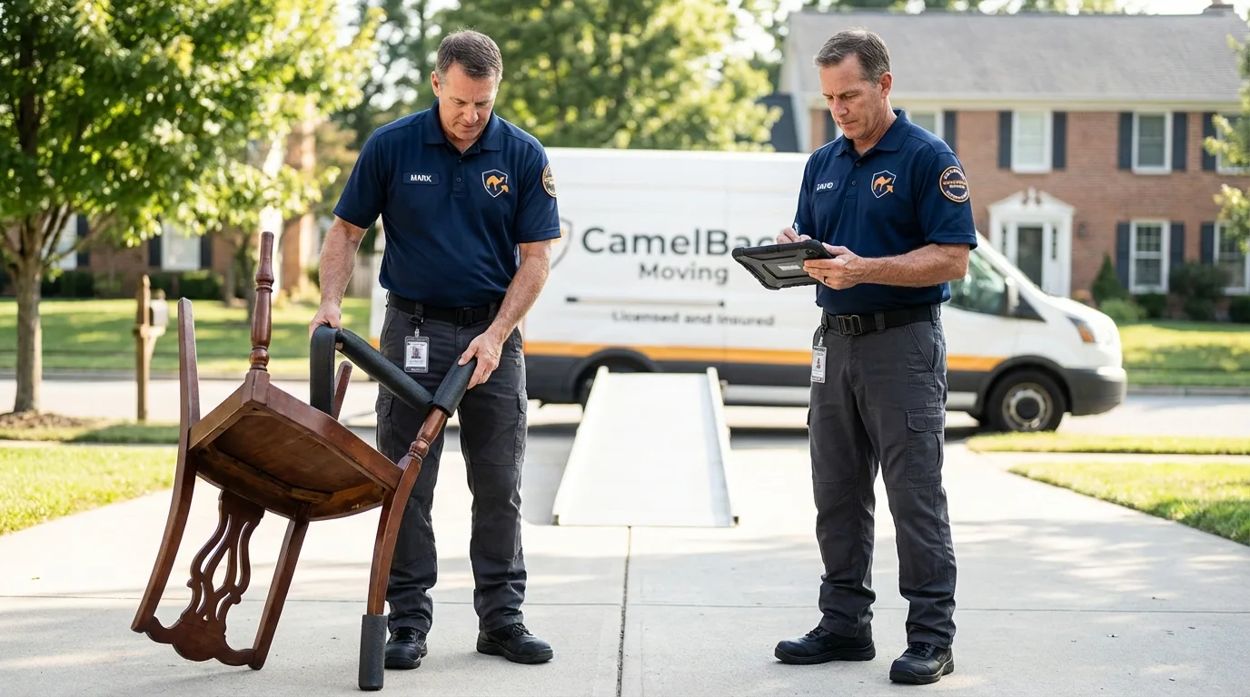 Movers inspecting furniture for damage prevention before loading in Lewisville, TX