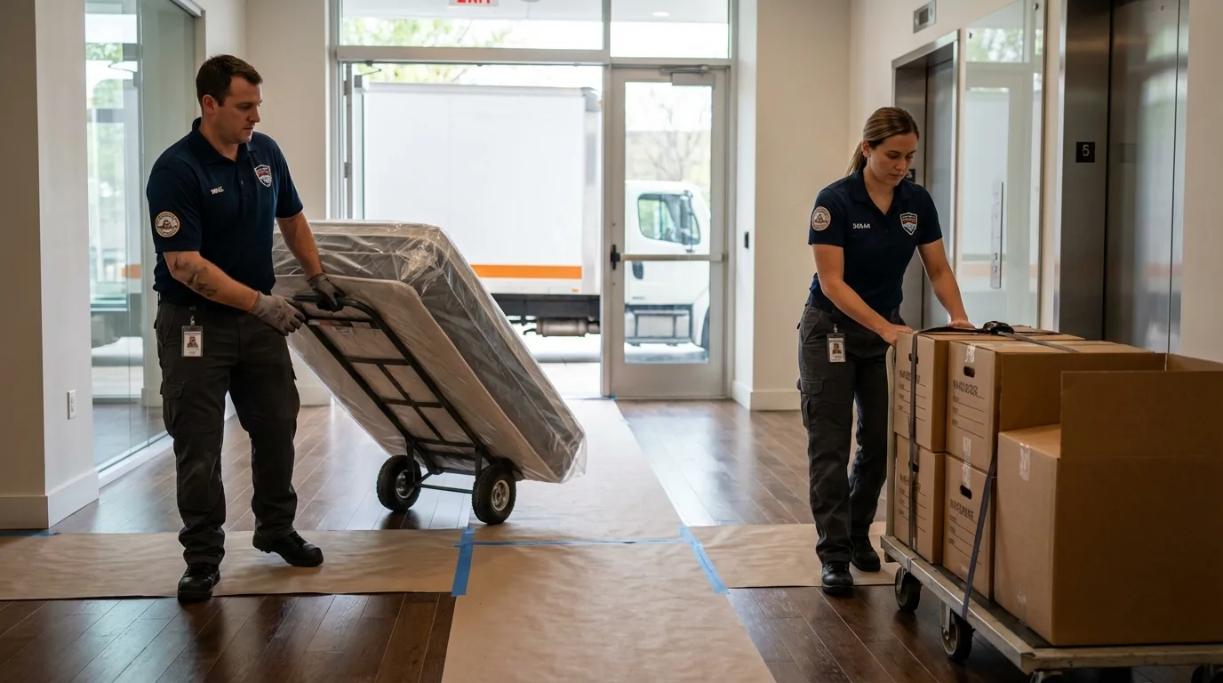 Professional apartment movers loading elevator in Lewisville, TX
