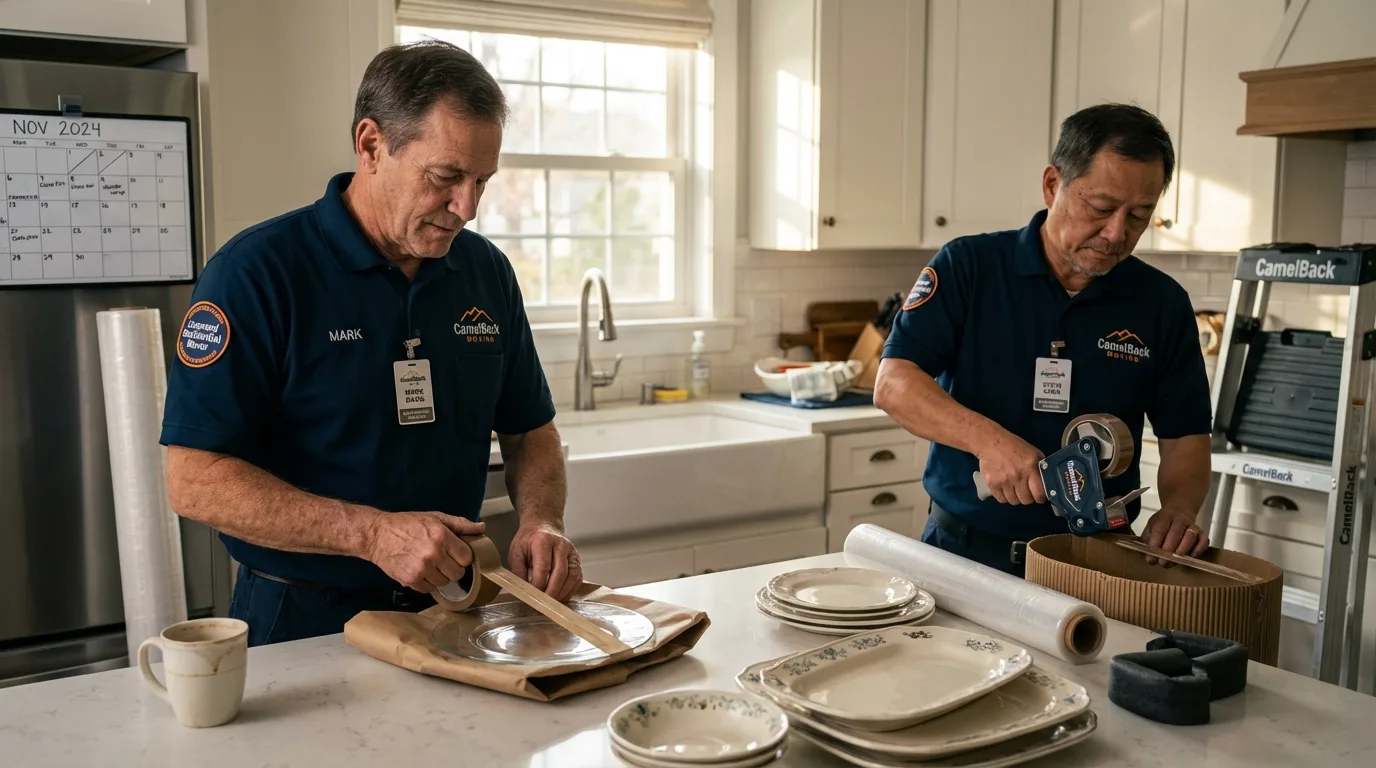 Professional crew packing kitchen dishware in Lewisville, TX